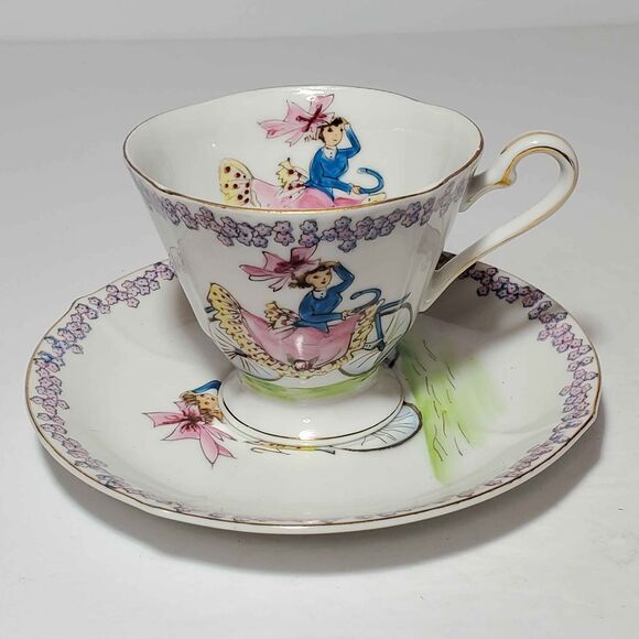 Girl On Bike Teacup and Saucer Hand Painted Vintage - Picture 2 of 10